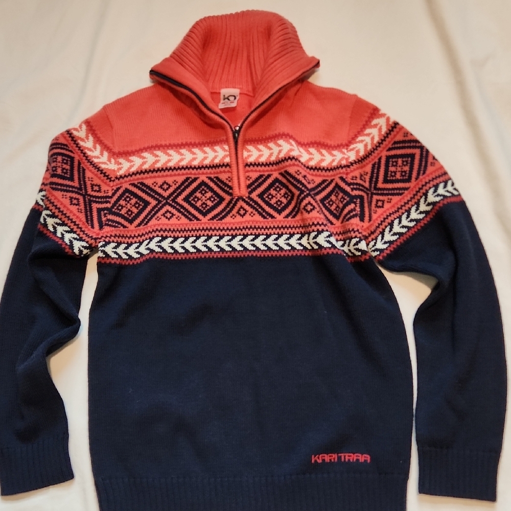 Kari Traa Navy & Coral Patterned Cowl Neck Sweater